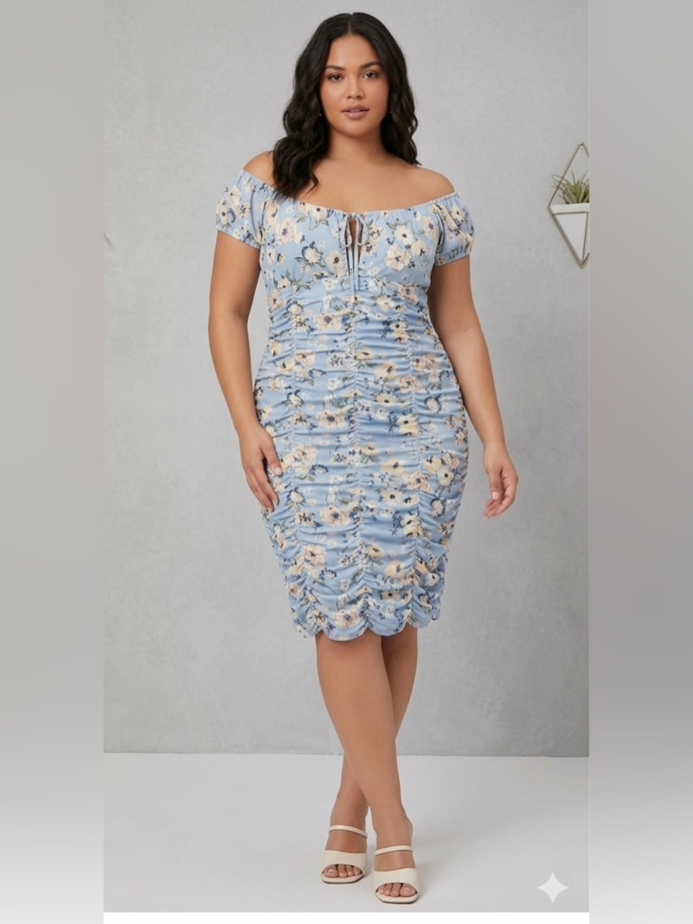 NYC Blue Floral Ruched V-Neck Women's Dress